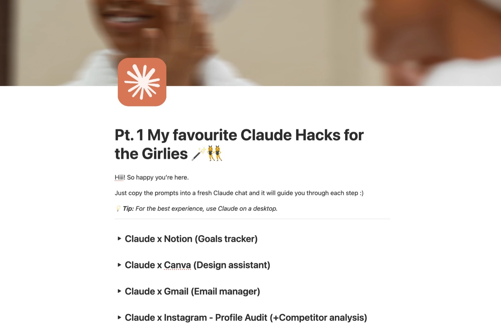 My favourite Claude Hacks for the Girlies in Notion: four hacks, each with a copy-paste prompt