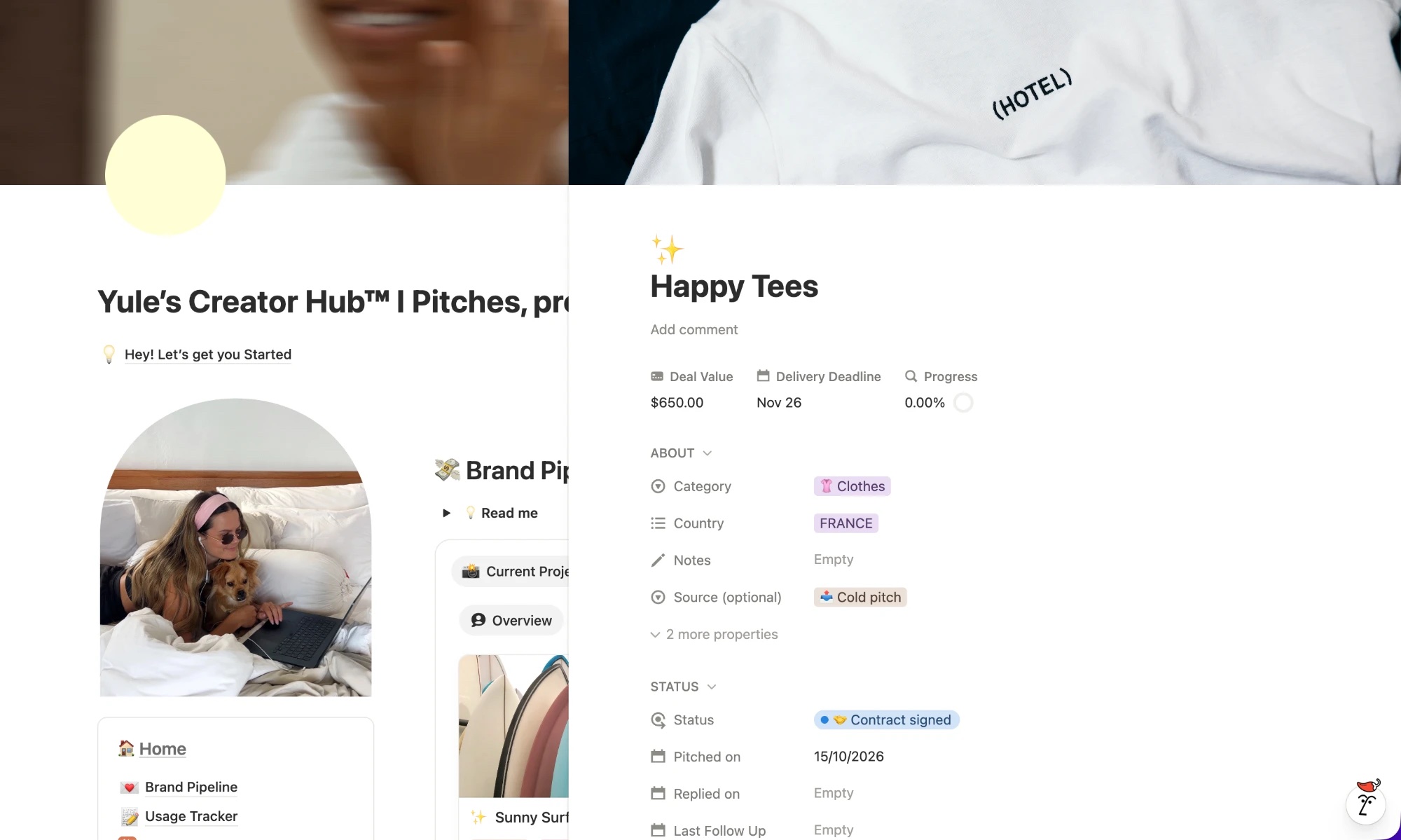 The Happy Tees brand page with deal value, deadline and status, plus the Auto create standard Tasks button and a Creating status
