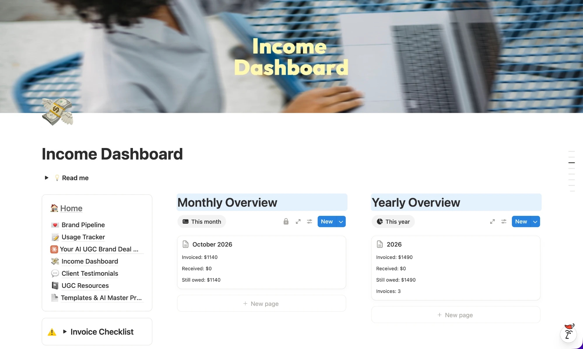 The Income Dashboard with monthly and yearly totals, an invoice card marked Paid