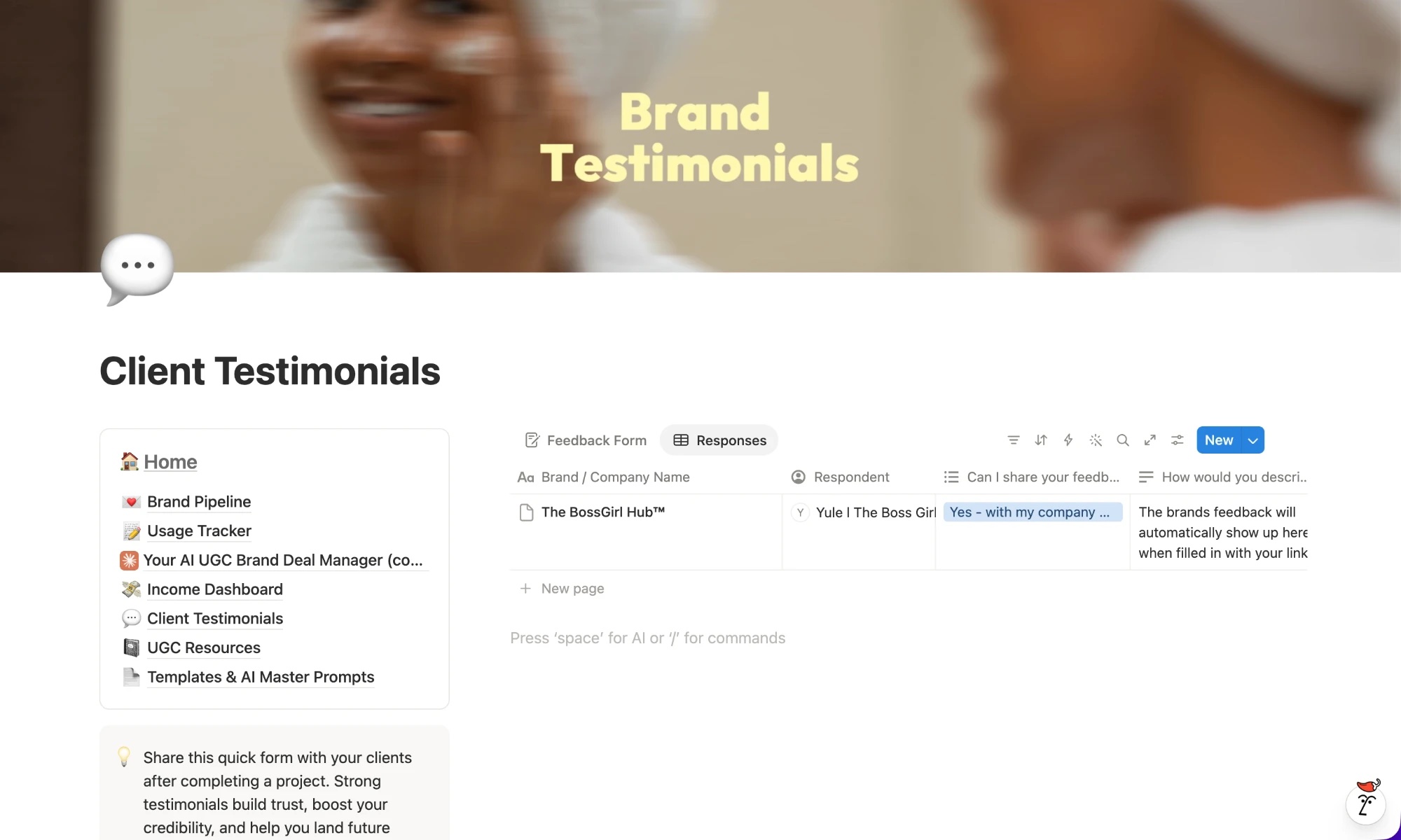 Client Testimonials page with the Feedback Form and its Responses, plus a form question lifted out