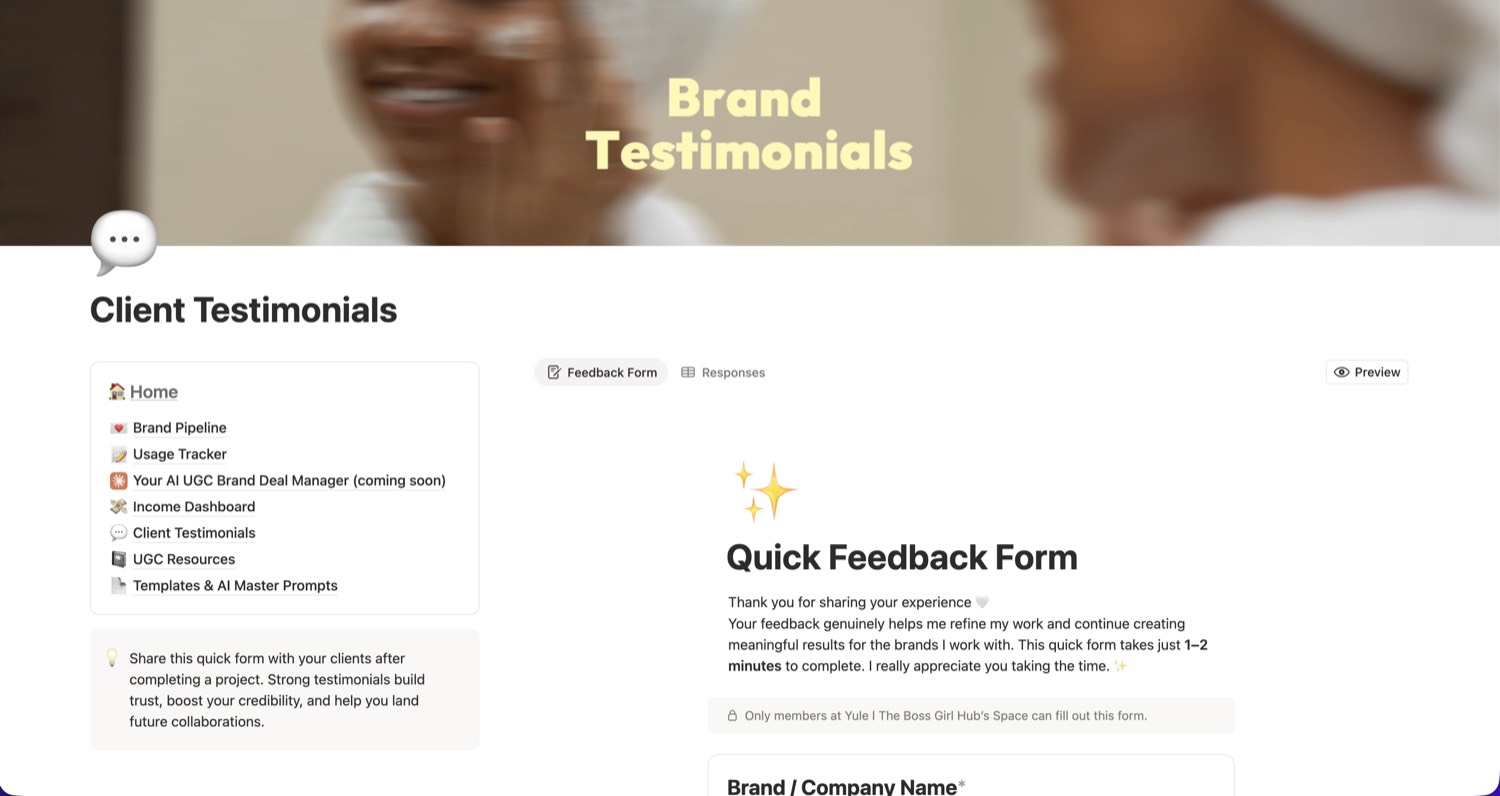 The Client Testimonials page in Notion