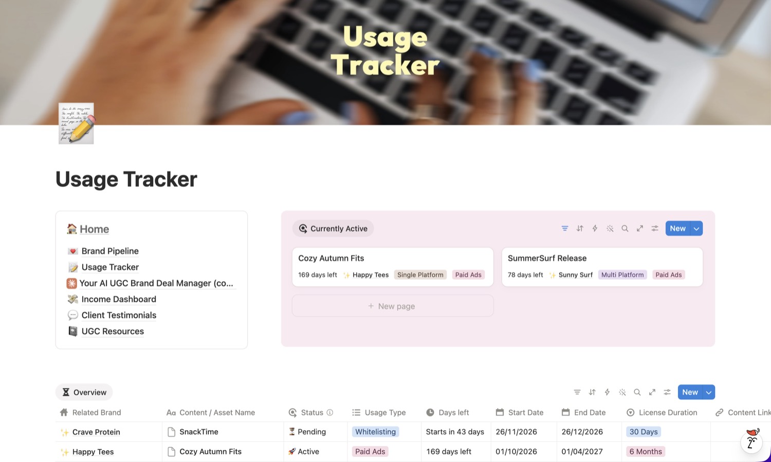 The Usage Tracker page in Notion