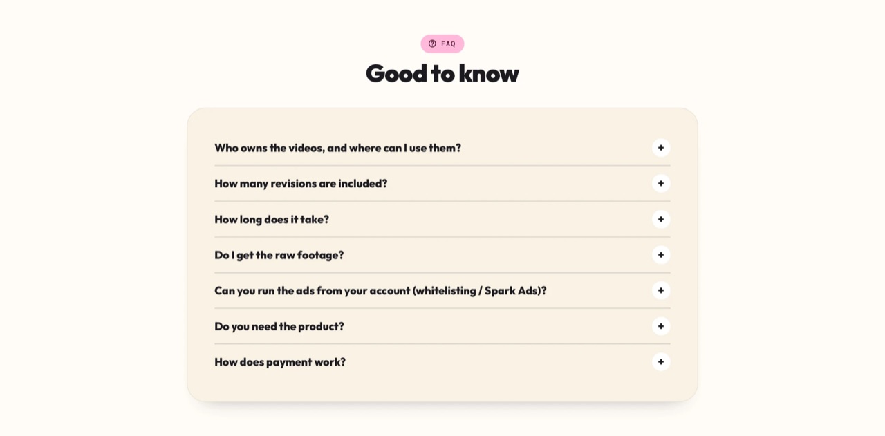 The FAQ section of the portfolio
