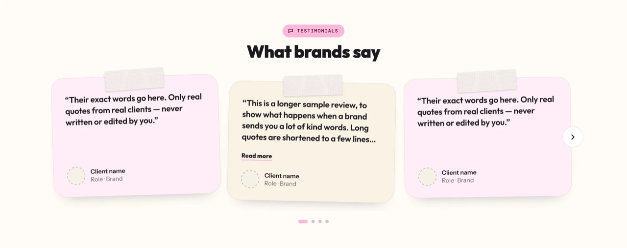 The Testimonials section of the portfolio